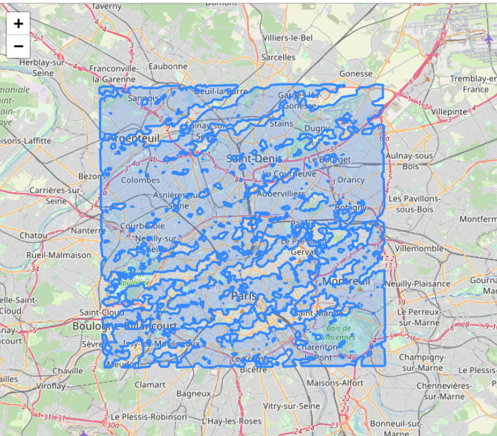 A screenshot of an interative Folium Map with vector predictions.